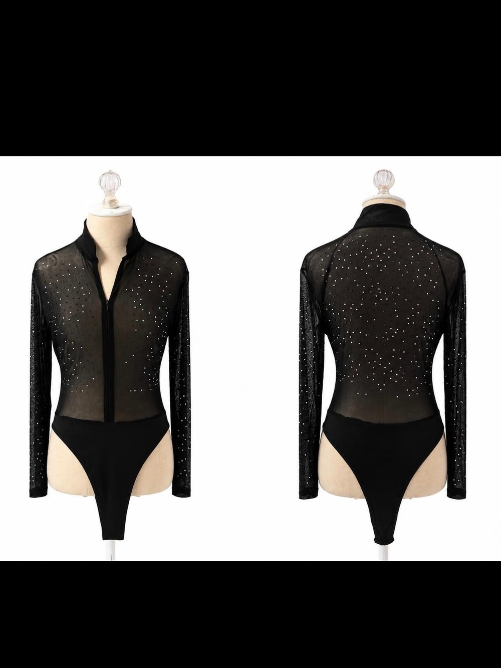 Black Sheer Rhinestone Long-Sleeve Bodysuit